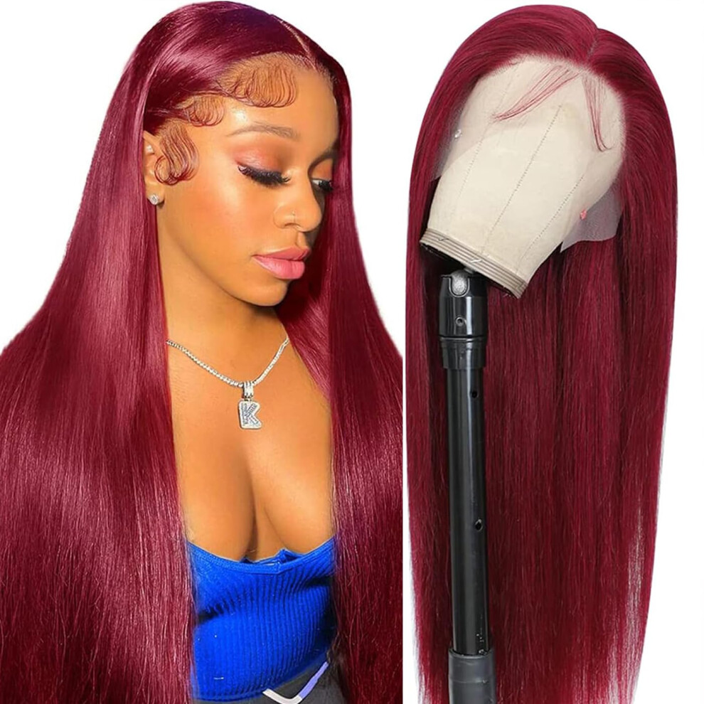 Unisex Red 36 Inch Burgundy Lace Front Wig Human Hair 99J Color 13X6 Hd Frontal 200 Density Glueless