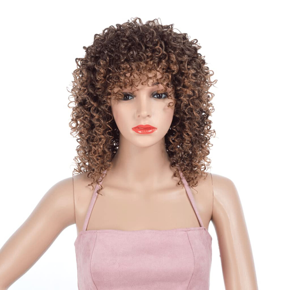 Unisex Black,Brown Curly Wig For Black Women Kinky Afro With Bangs Ombre Brown Heat Resistant Synthetic Hairnet Included