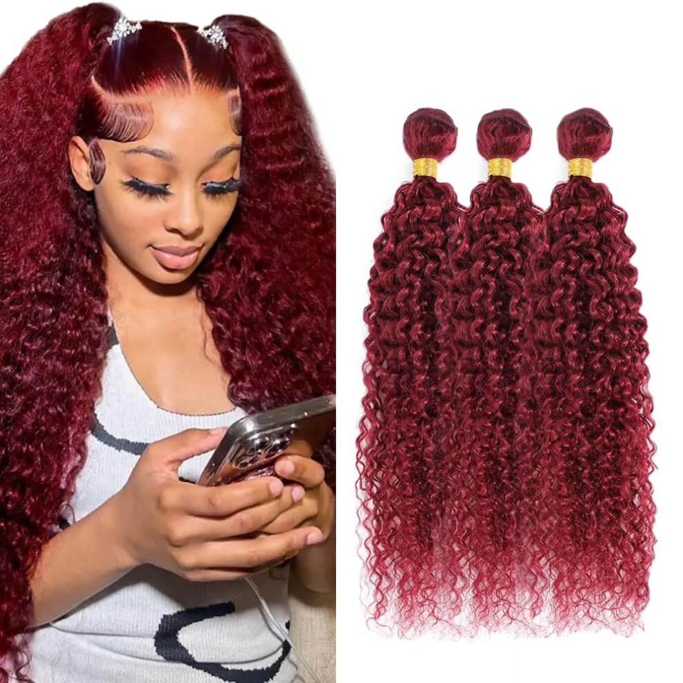 Unisex Red Brazilian Virgin Remy Human Hair Bundles 99J Burgundy Kinky Curly Extensions 30 Inch Double Weft