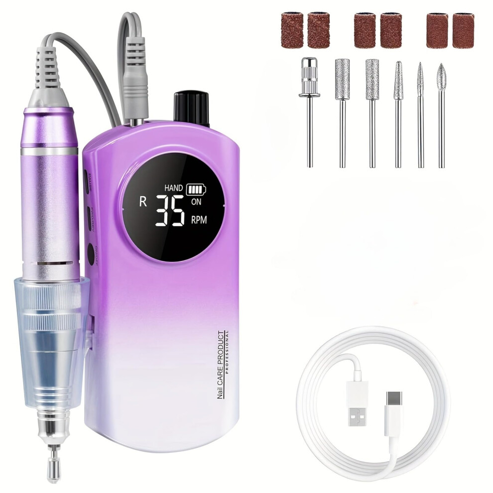 Electric Nail Drill 35000RPM USB Rechargeable File Kit for Acrylic Gel Nails Manicure Pedicure Purple