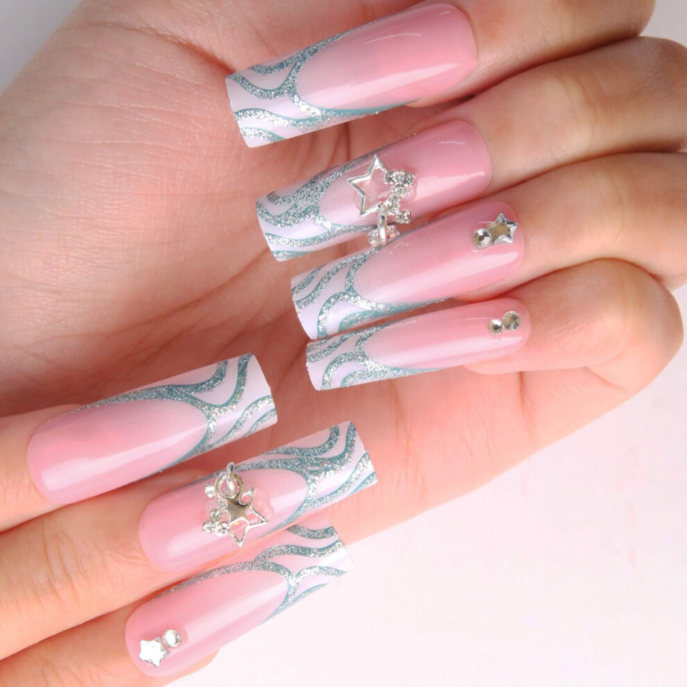 24 Pcs Glitter Ballerina Press On Nails with Rhinestone Stars, French Tip Acrylic False Nails