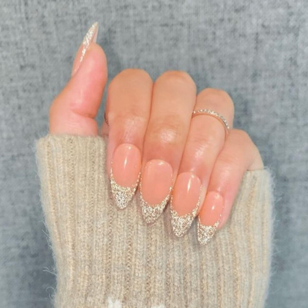 24pcs French Tip Almond Press On Nails Elegant Glitter Fake Nails Set for Quick Salon Manicure