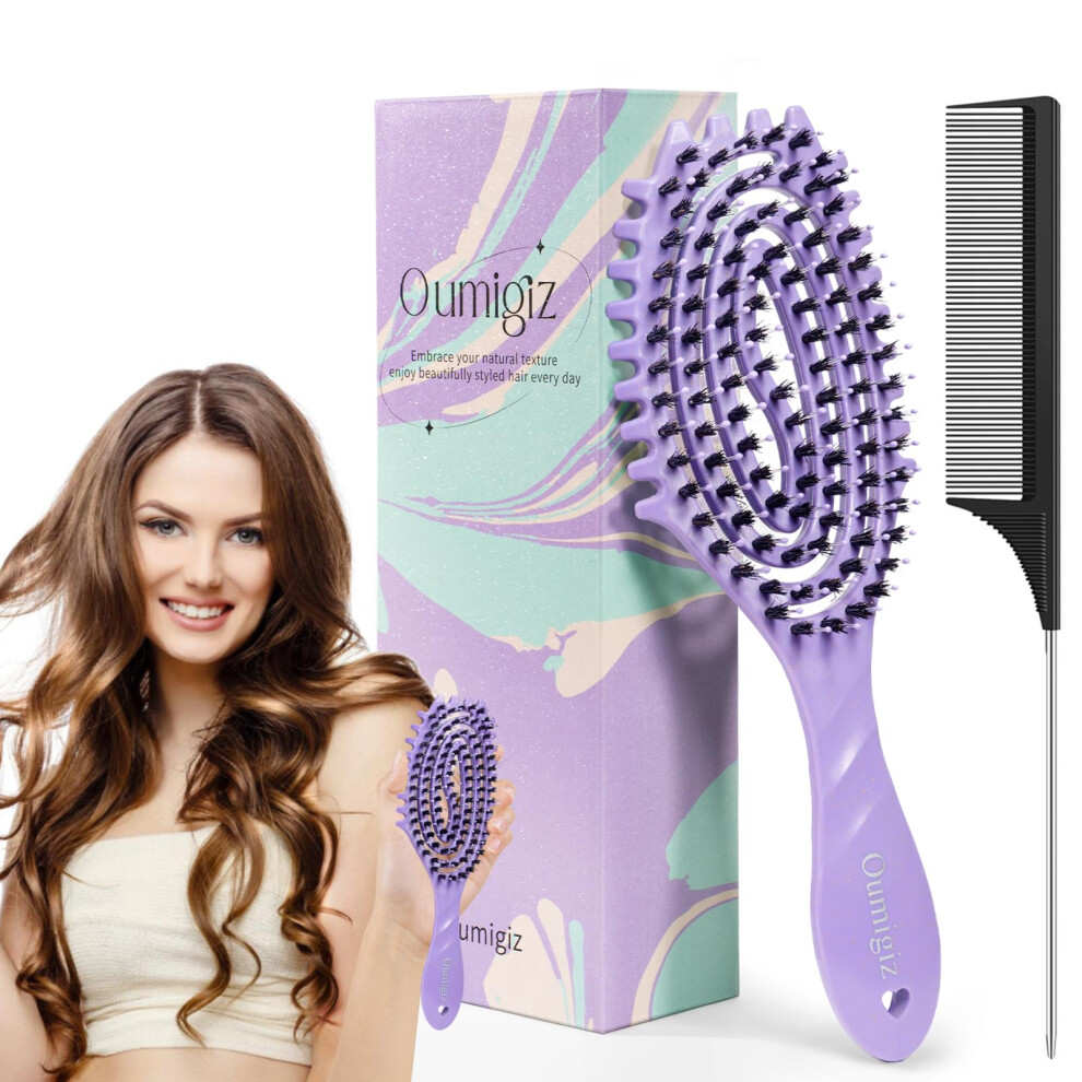Purple Boar Bristle Detangling Hair Brush For Curly Hair With Nylon Tips, Frizz Control,