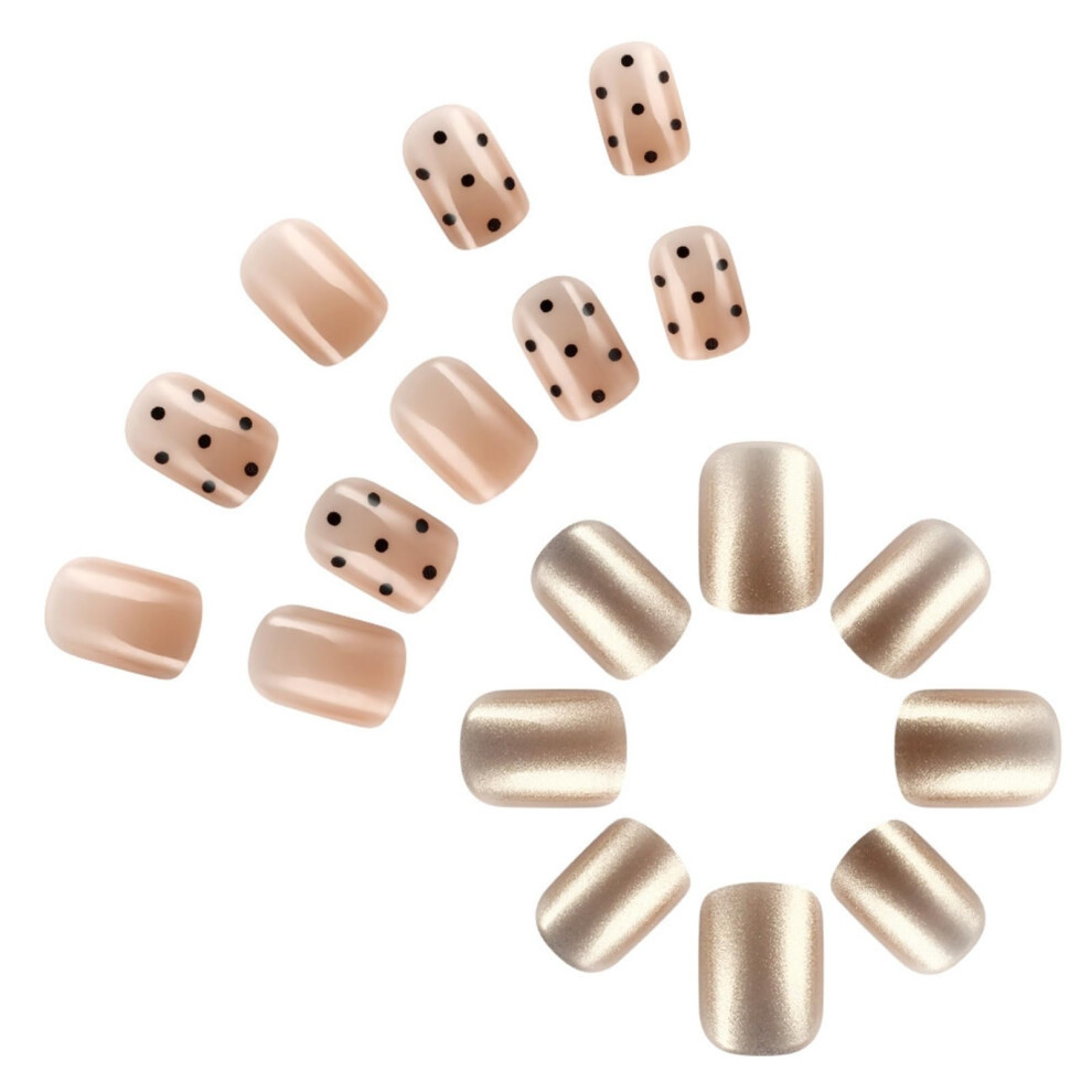Black Polka Dot Press On Nails 24Pcs Short Full Cover Fake Nails Glossy Gradient Instant Salon Look