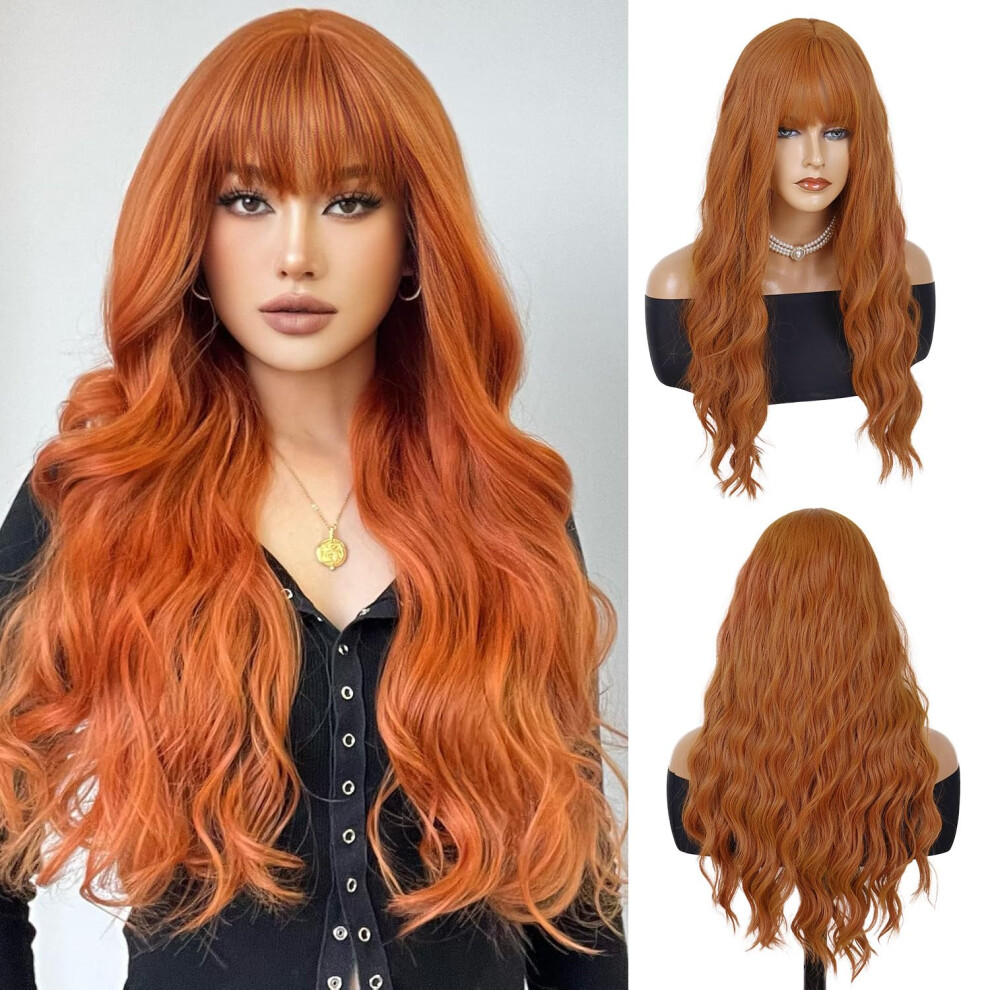 Unisex Red 28 Inch Ginger Wavy Wig With Bangs, Long Auburn Curly Wig For Women, Heat Resistant Fiber