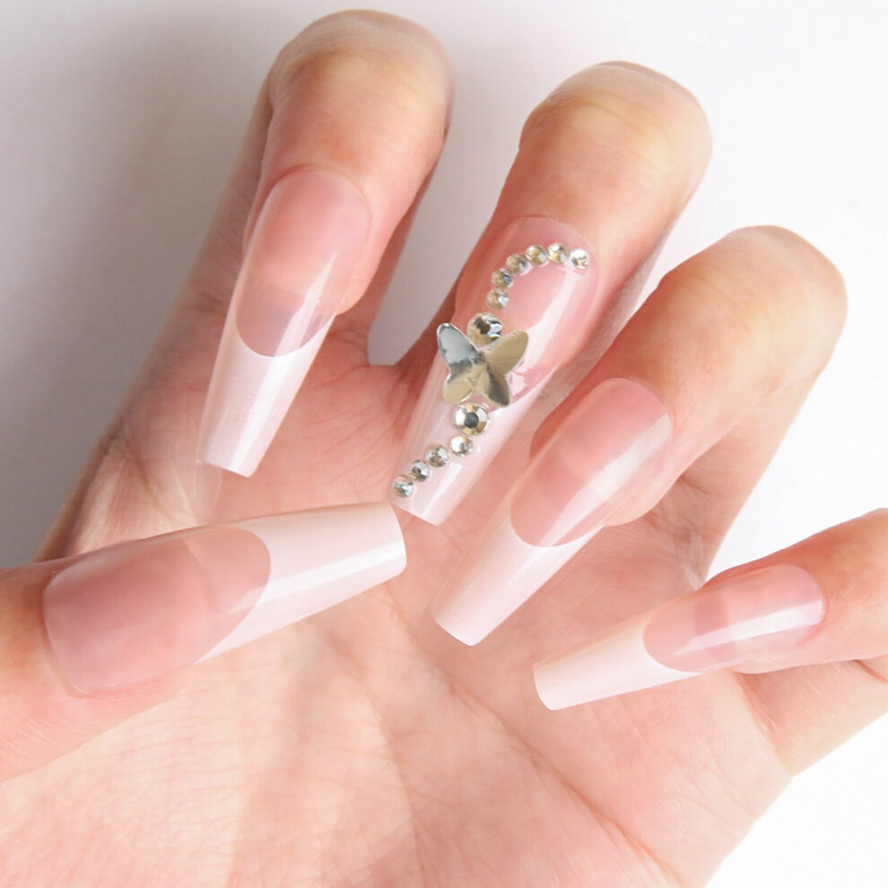 Medium Length Ballerina Press On Nails French Tip with Butterfly Rhinestones Glossy Acrylic Finish