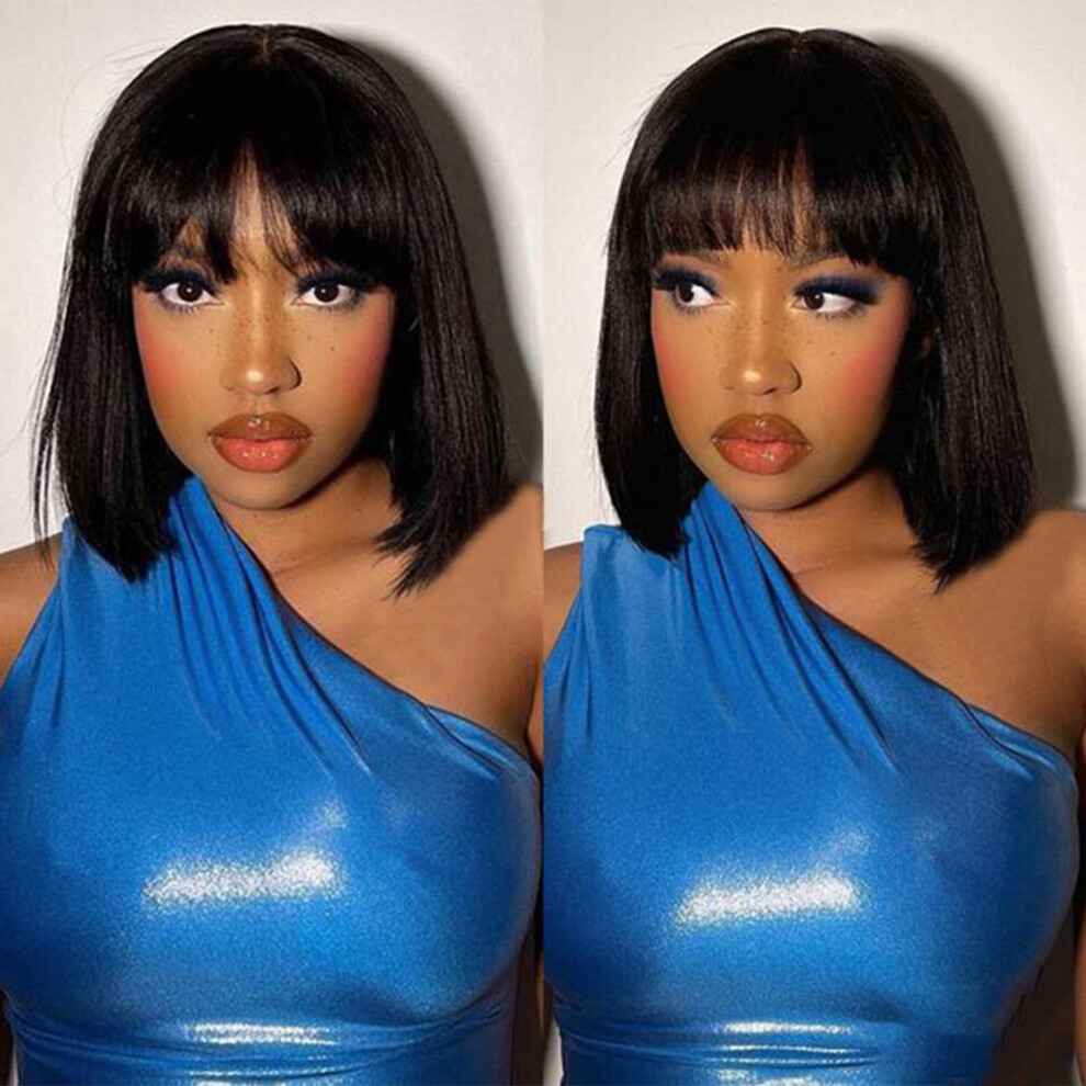 Unisex Bob Wig With Bangs Human Hair 8 Inch Straight Brazilian Remy Glueless Short Wig For Women