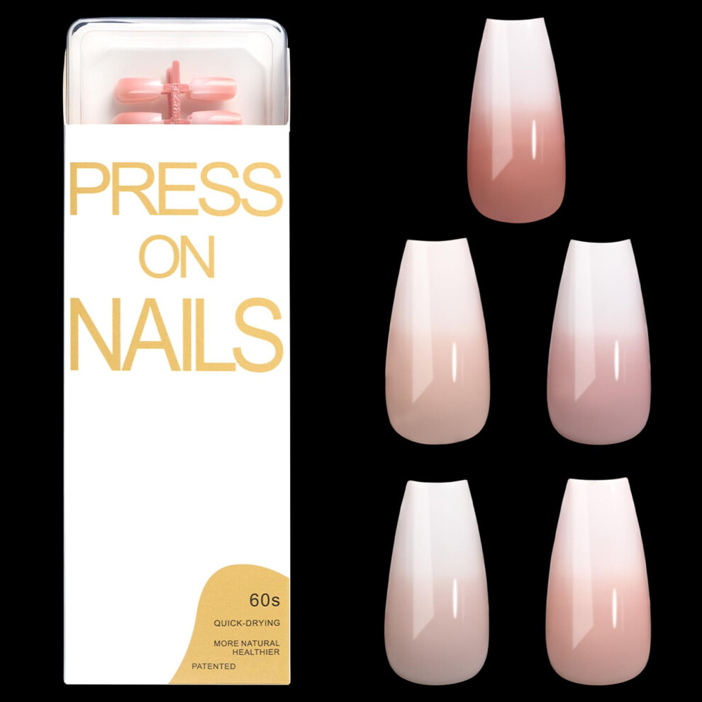 Pink Press On Nails Ombre Coffin Almond Square Fake Nails French Tip Salon Quality Glossy Design