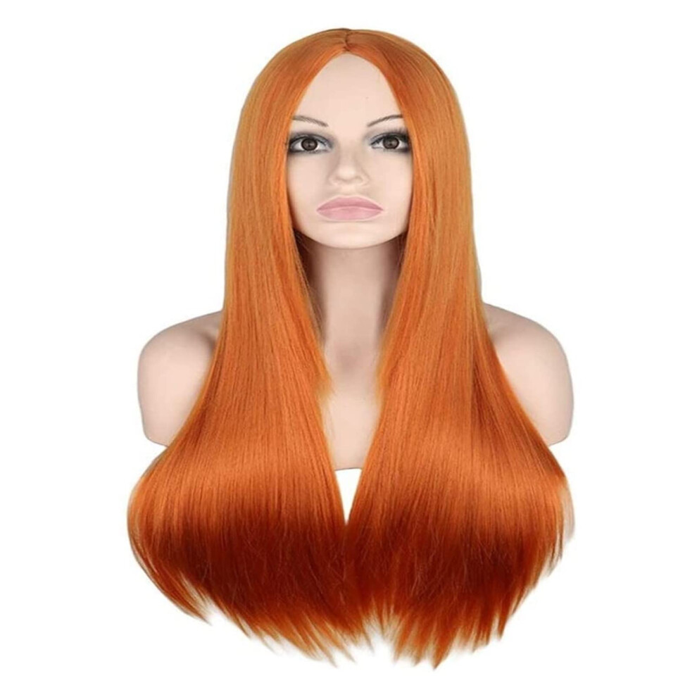 Long Straight Synthetic Wig Orange Cosplay Harajuku Style with Natural Hairline and Glue Fit
