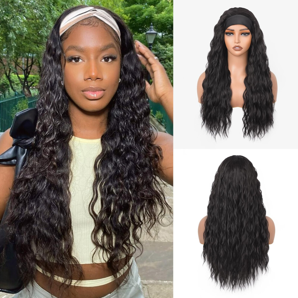 Unisex Black Loose Curly Headband Wig For Women, Glueless Long Synthetic Wig 1B Natural 22.5 Inch