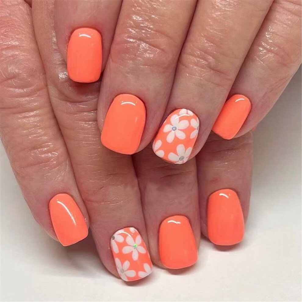 24 Pcs Short Press On Nails with Floral Design, Glossy Square Artificial Nails for Instant Salon Look