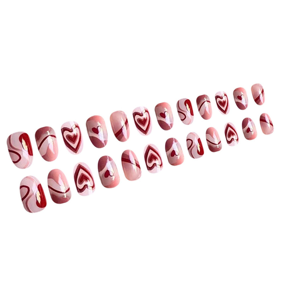 Valentines Day Press On Nails 24Pcs Romantic Stripe Heart Acrylic False Nails Instant Salon Look