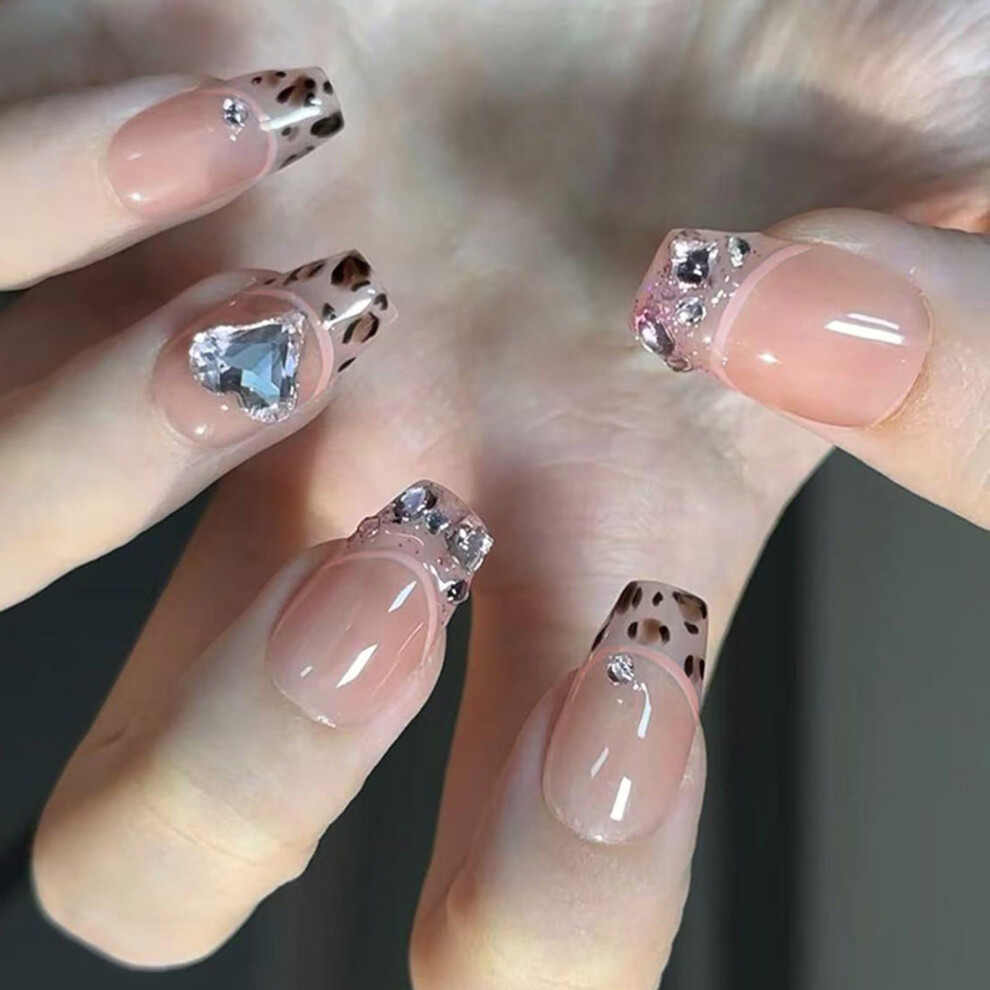 Valentine's Day Press On Nails 24pc French Tip Leopard Design with Rhinestone Accent