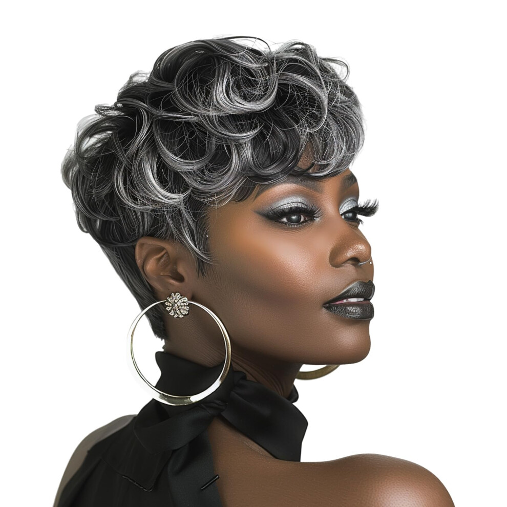 Pixie Cut Wig Grey Mixed Black Short Synthetic Curly Wig for Black Women Natural Texture