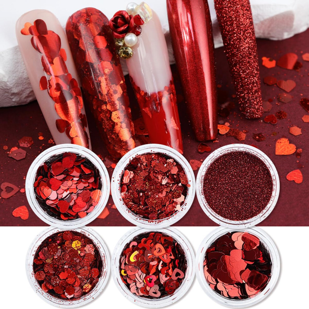 Valentine's Day Nail Glitter Set with Mixed Holographic Heart Art Sequins for Acrylic and Gel Nails