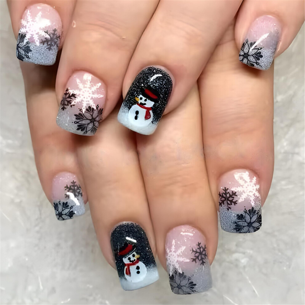 24 Pcs Christmas Press On Nails with Snowflake and Snowman Design, Glitter Full Cover Fake Nails