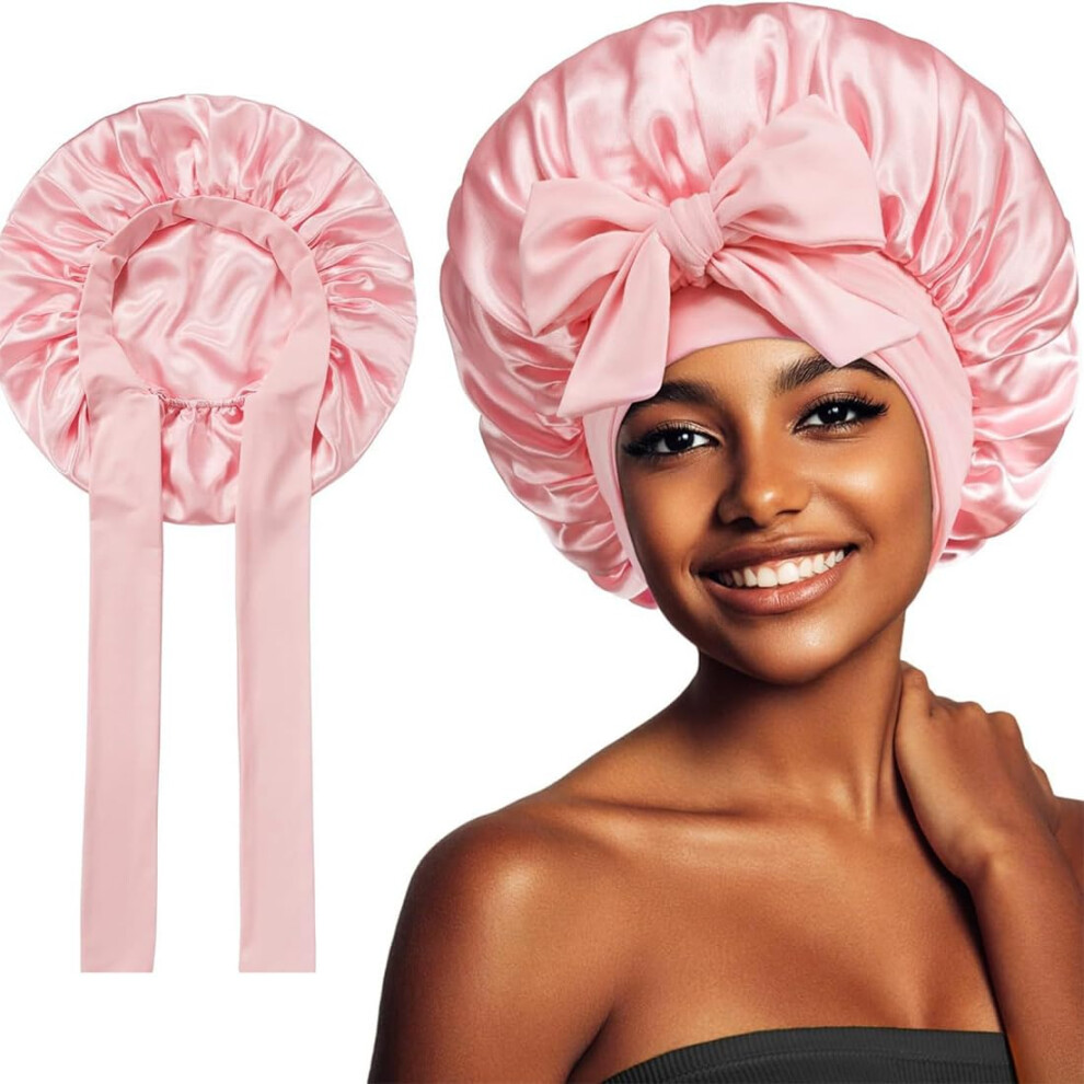 Unisex Pink Silk Sleep Bonnet Reversible Double Layer Satin Cap Antifrizz Adjustable For Curly Long Hair M