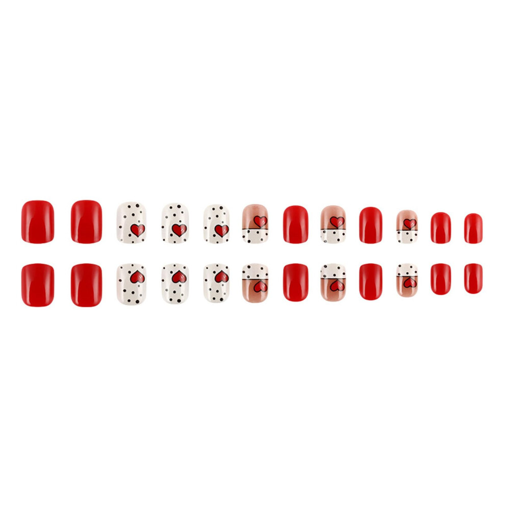 24 Pcs Short Square Press On Nails Valentine Heart Polka Dots False Nails Glossy Instant Manicure