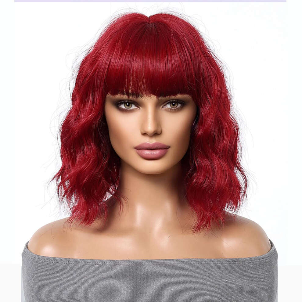 Unisex Red Short Bob Wig With Bangs, HeatâResistant Synthetic Loose Waves, Shoulder Length Cosplay Wig