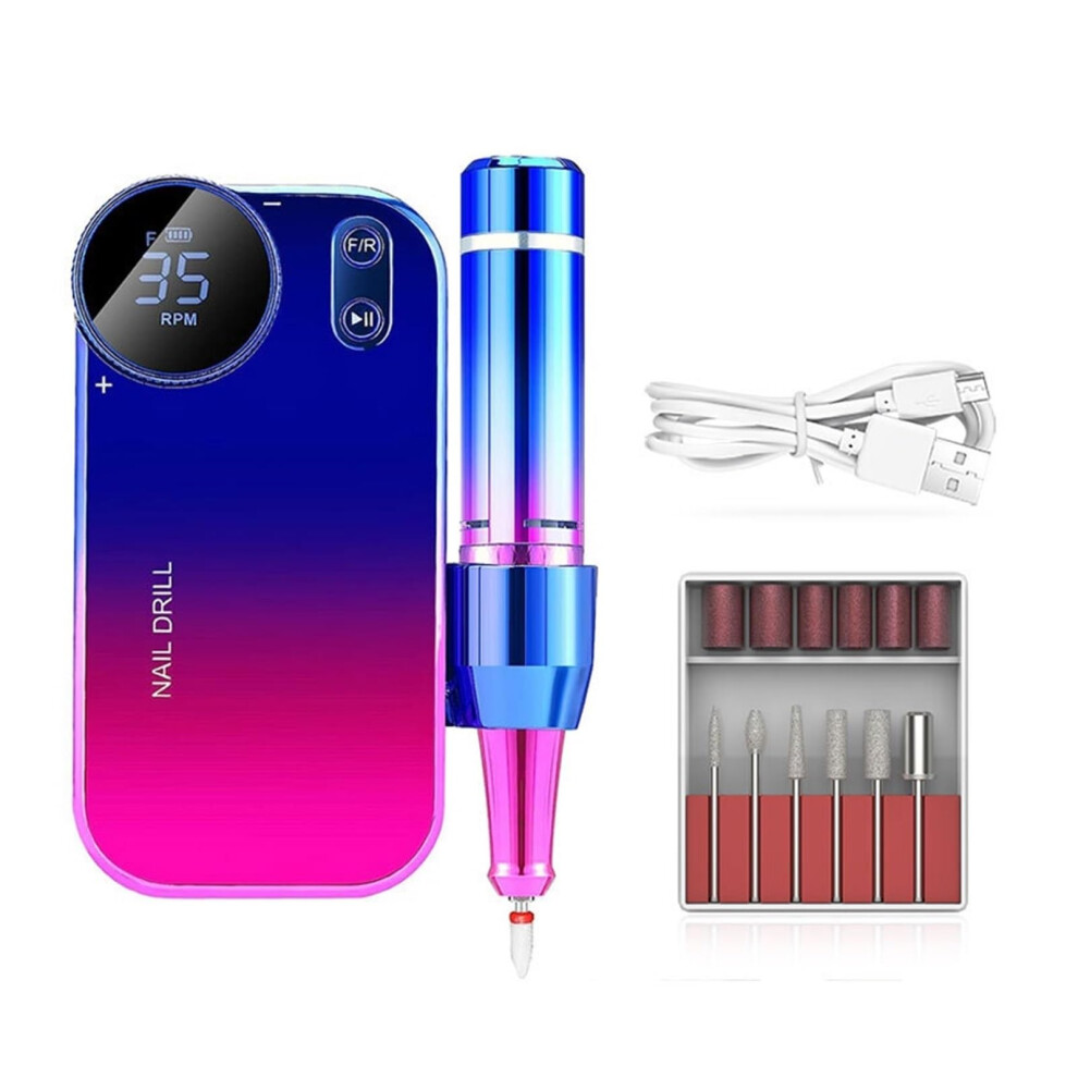 Electric Nail Drill 35000 RPM Rechargeable Professional Nail File for Gel and Acrylic Nails with LCD Display Pink Blue