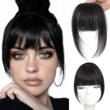 Clip In Human Hair Bangs with Natural Blend, French Style Fringe, Heat Friendly, Brown Black