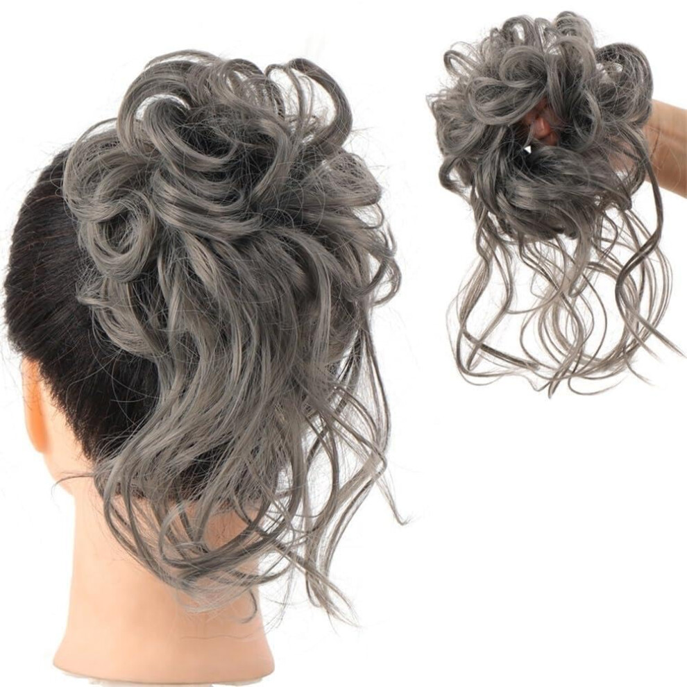 Unisex Gray Messy Bun Hair Piece Extension For Women, Fluffy Clipin Ponytail Updo With Realistic Texture,
