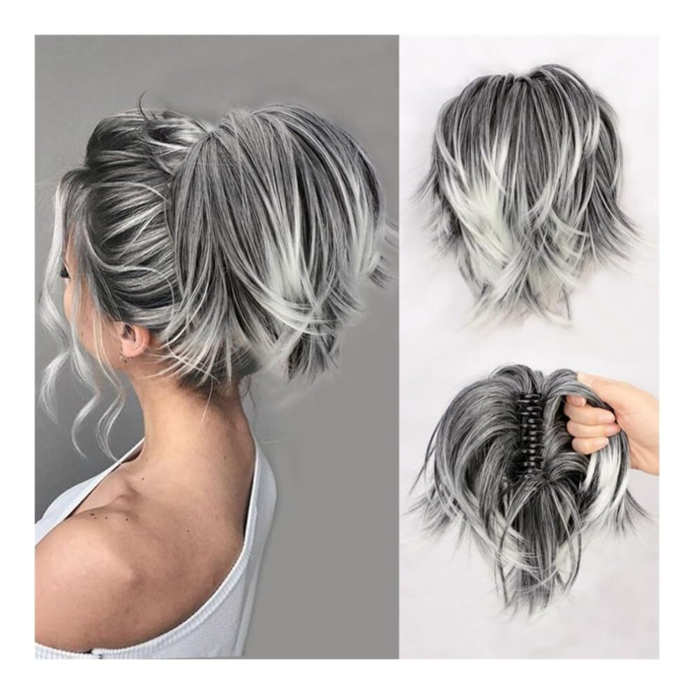 Unisex Dark/Gray Voluminous Hair Bun Ponytail Hairpiece With Curly Clipin Extension And Heatresistant Design