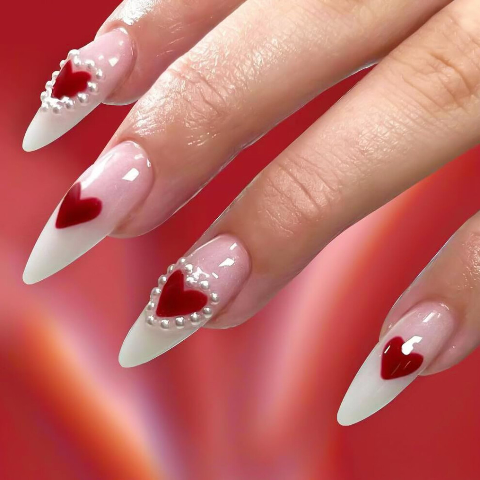 Almond Press on Nails with Valentine Heart Design, Short Fake Nails Set, Reusable Nail Tips