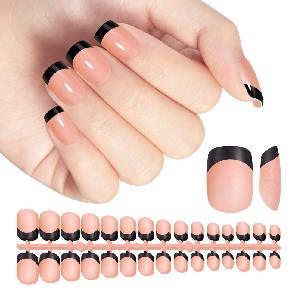 Black French Gel Nail Tips 240Pcs Short Square Fleshcolor Press On Nails With Primer 15 Sizes Readytowear