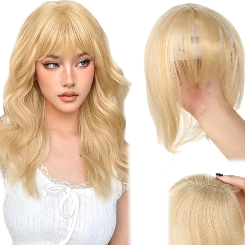 Unisex Blonde Hair Topper With Clip In Bangs For Thinning Hair, Natural Hairline Coverage, Heat Resistant