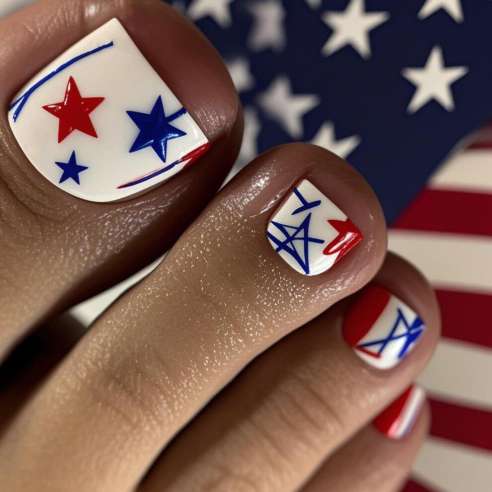Blue,Red Independence Day Press On Nails Kit Short Square Patriotic American Flag Fake Nails Red Blue Stars