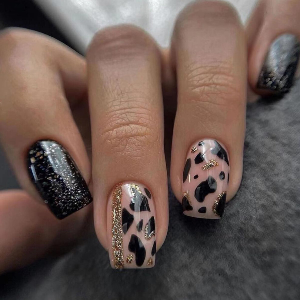 Leopard Print Press On Nails Square Short Glue On Tips Reusable Full Coverage False Nails Set