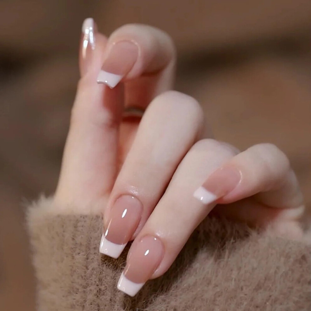 Press On Nails Set French Coffin Shape Pink White Fake Nails with Glue and File 24pcs 12 Sizes
