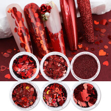 Valentine's Day Nail Art Glitter 6 Boxes Holographic Heart Sequins Red Flakes Nail Decorations