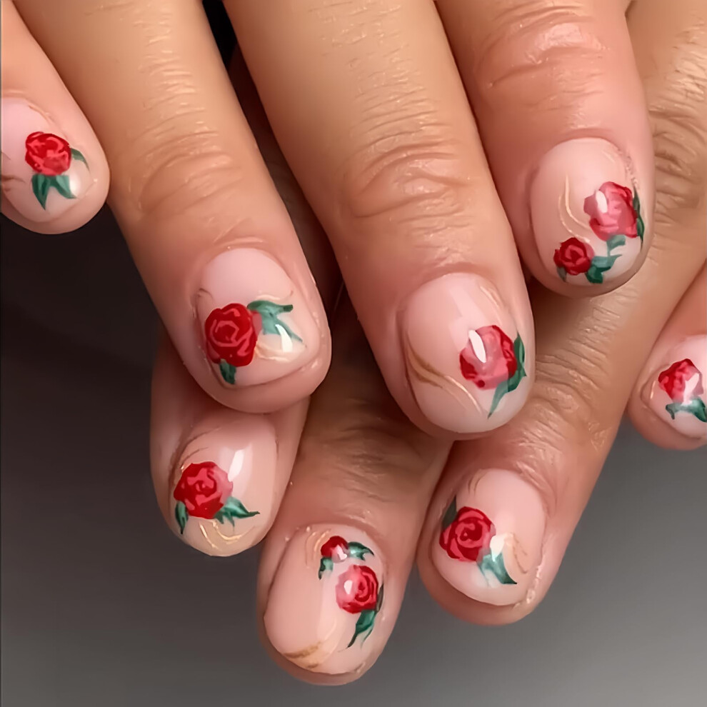 Cream Valentine's Day Oval Nude Press On Nails With Glue, Reusable Acrylic Fake Nails For Women