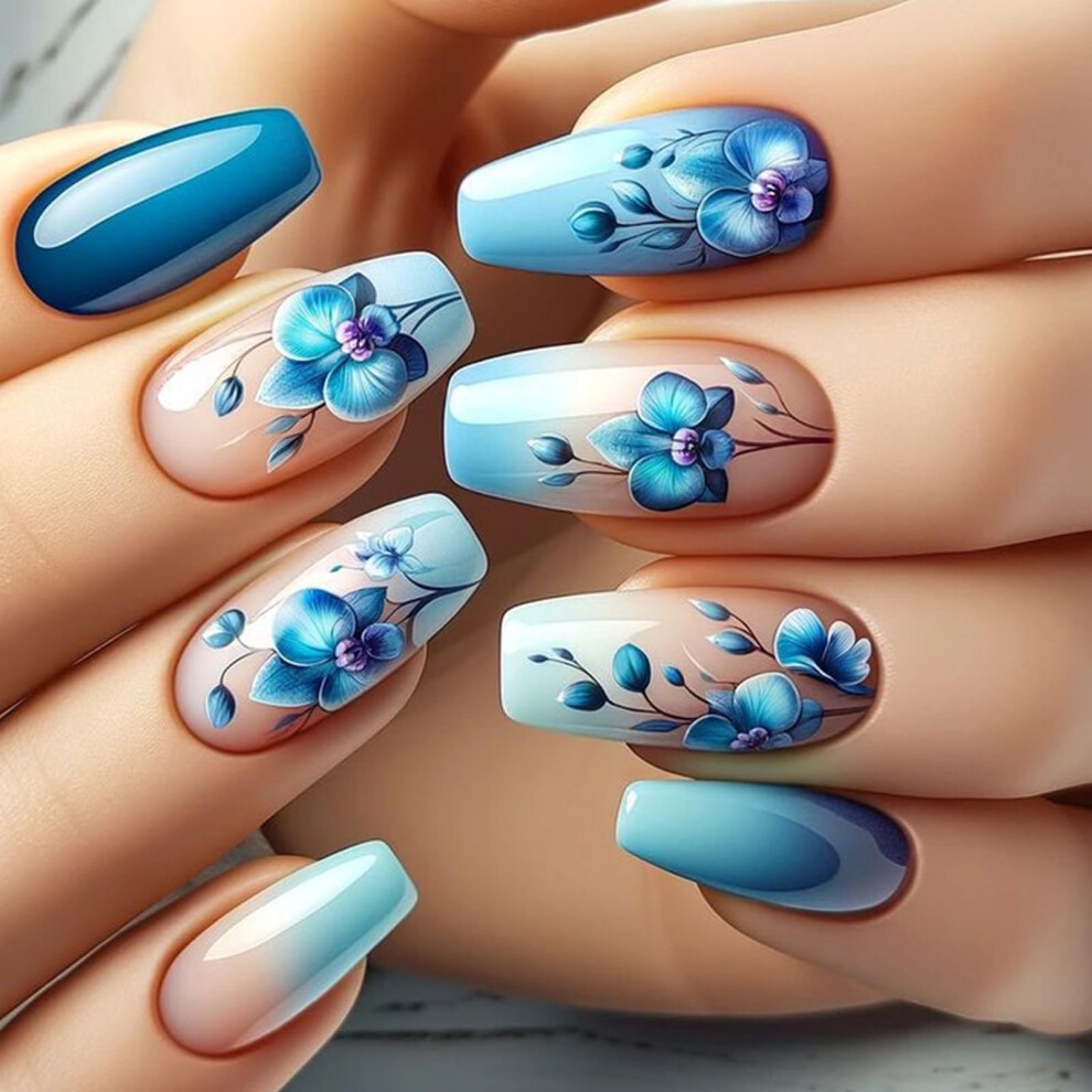 Blue Gradient Short Ballerina Press On Nails with Floral Design, 24 Pcs Instant Salon Look