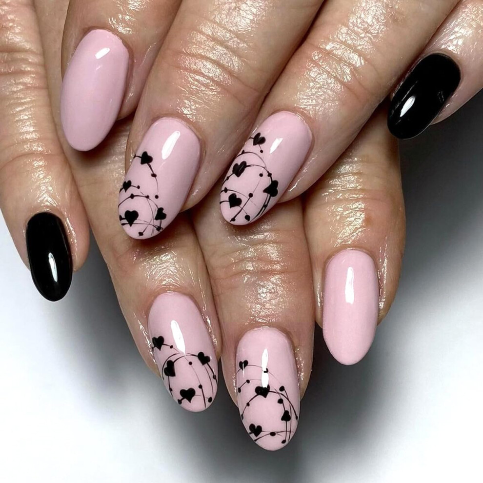 Pink Valentine Heart Press On Nails Almond Shape With Glue Reusable Acrylic Fake Nails For Women