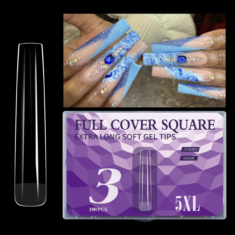 180pcs 5XL Clear Long Full Cover Nail Tips for Acrylic Nails and Professional Manicure