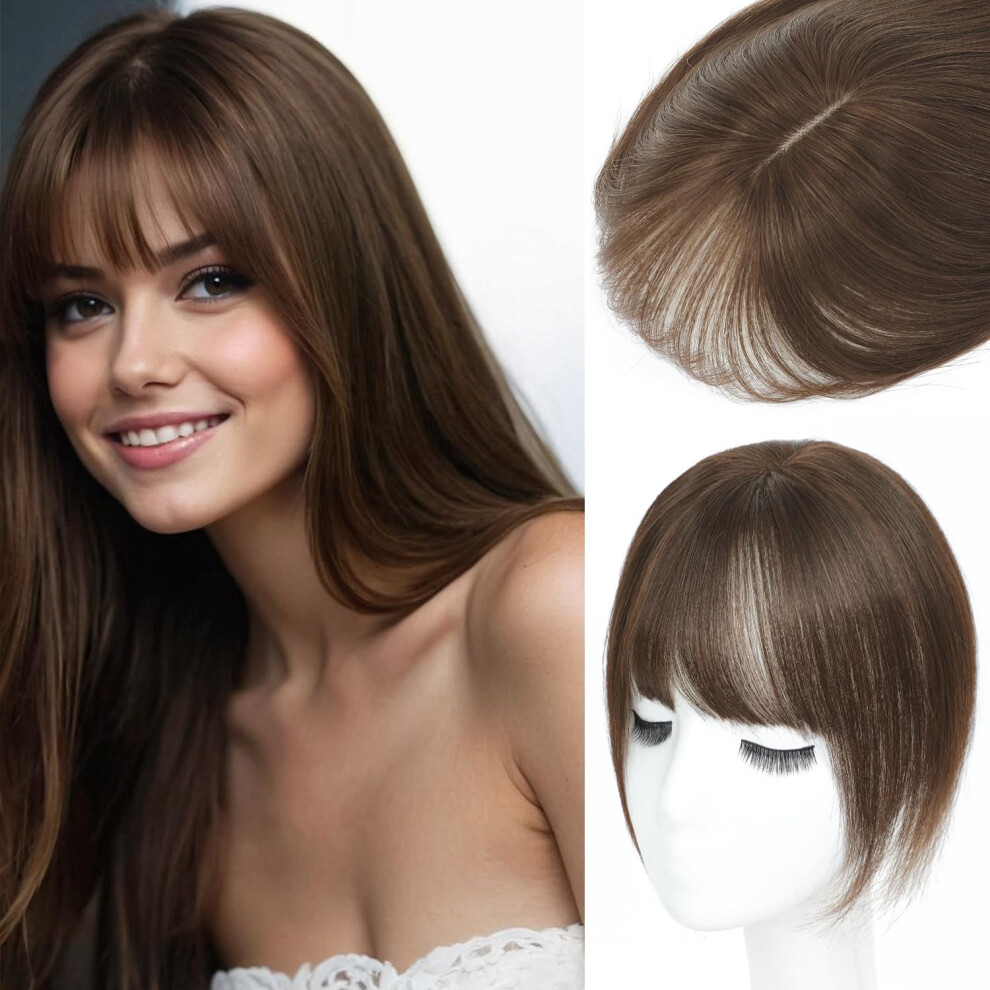 Unisex Brown Human Hair Topper With Bangs For Women, Medium Lace Base, 360 Coverage And Secure Clips