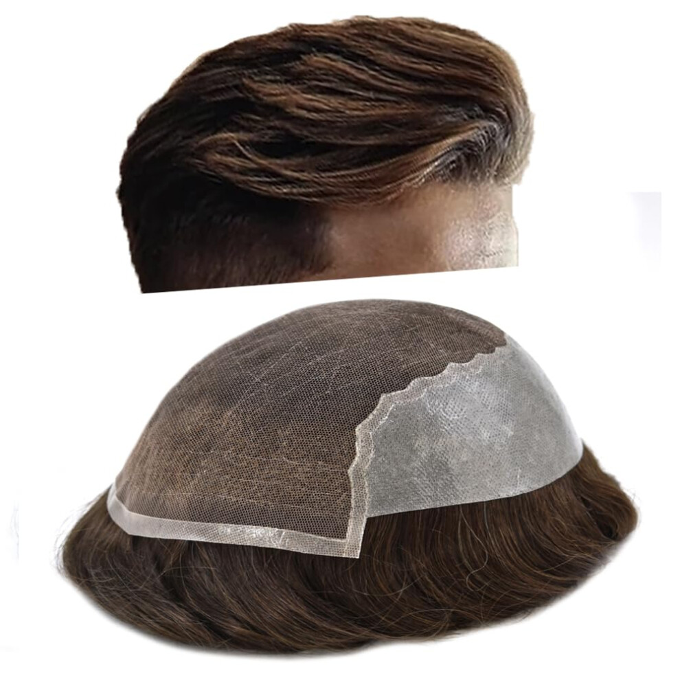 Unisex Brown Mens French Lace Toupee With Bleached Knots Natural Hairline Medium Remy Hairpiece 6X8