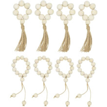 Boho-Chic-Deko, vielseitige Wohndekoration: 16 cm lange Girlande aus Naturholzperlen im Landhausstil mit Quasten, 8-teilig, unbemalte Holzperlen