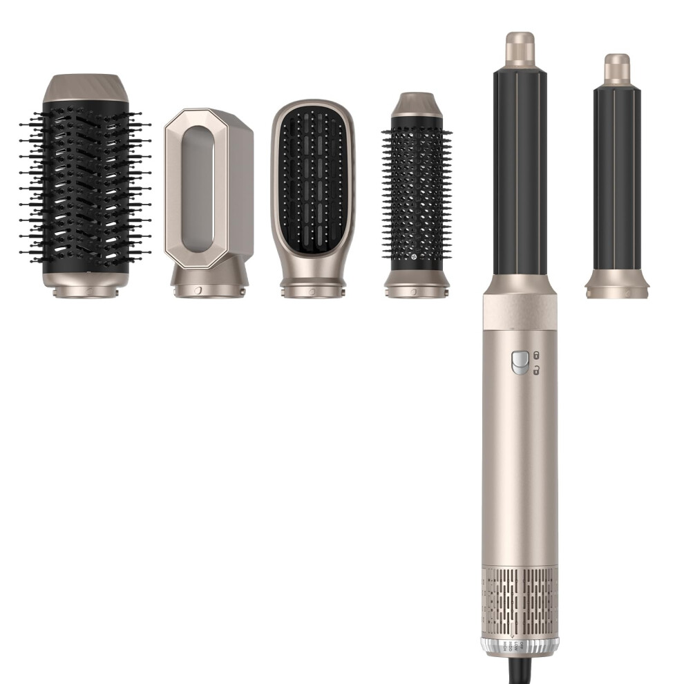 Gold 6 In 1 Hair Dryer Brush Styler With Autowrap Curling, Negative Ion Frizz Control, Champagne