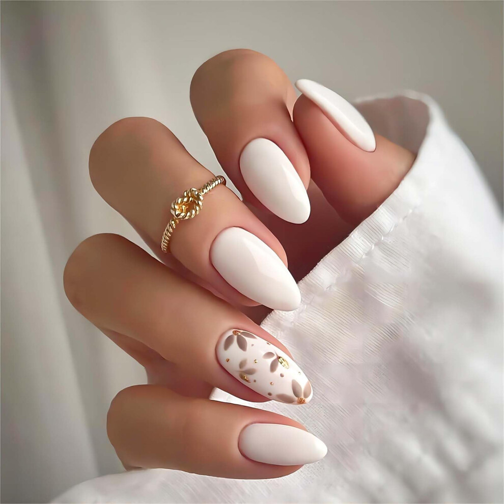 White Almond Press On Nails With Glue Glossy Acrylic French Tip 24Pcs Fake Nails For Women