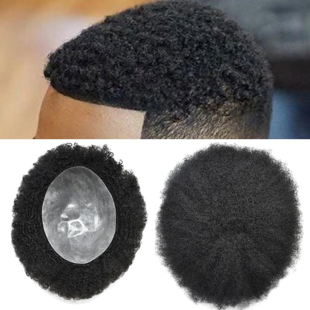 Unisex Black Afro Toupee For Men Kinky Curly Human Hair 4Mm Wave Jet Poly Skin Base