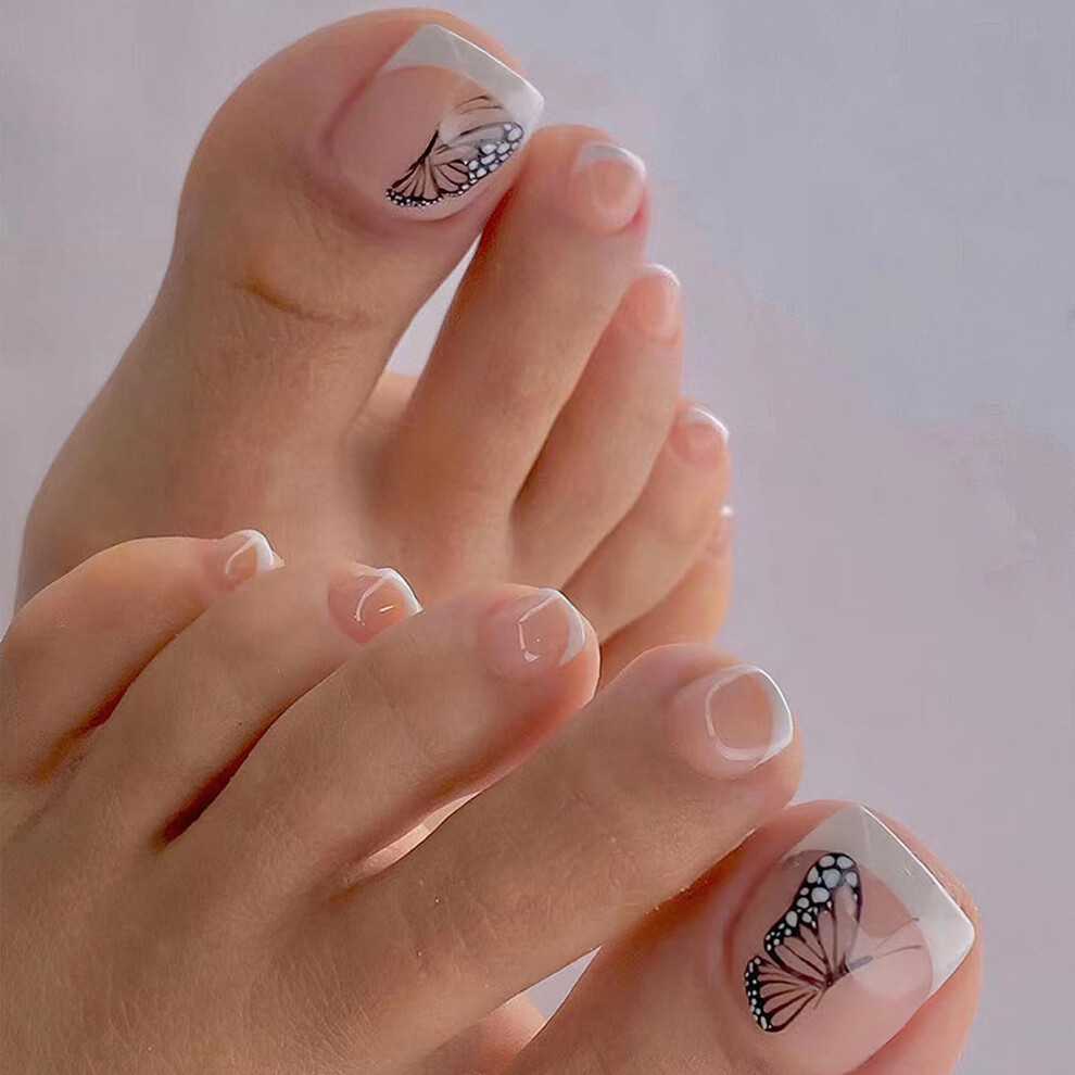 Press On Toenails French Tip Nude Pink with Butterfly Design, Reusable Soft Gel Fake Toenails 24pcs