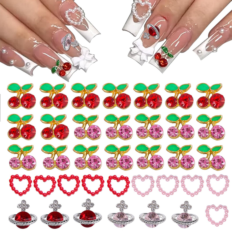 Silver 40Pcs Cherry Heart Planet Nail Charms 3D Crystal Diy Resin Nail Art Decorations For Salon