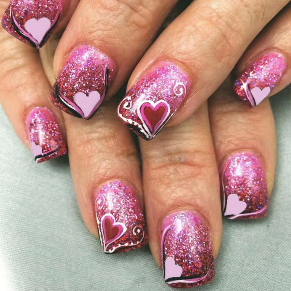 24pcs Short Square Press On Nails with Heart Glitter Valentines Day False Nails for Women
