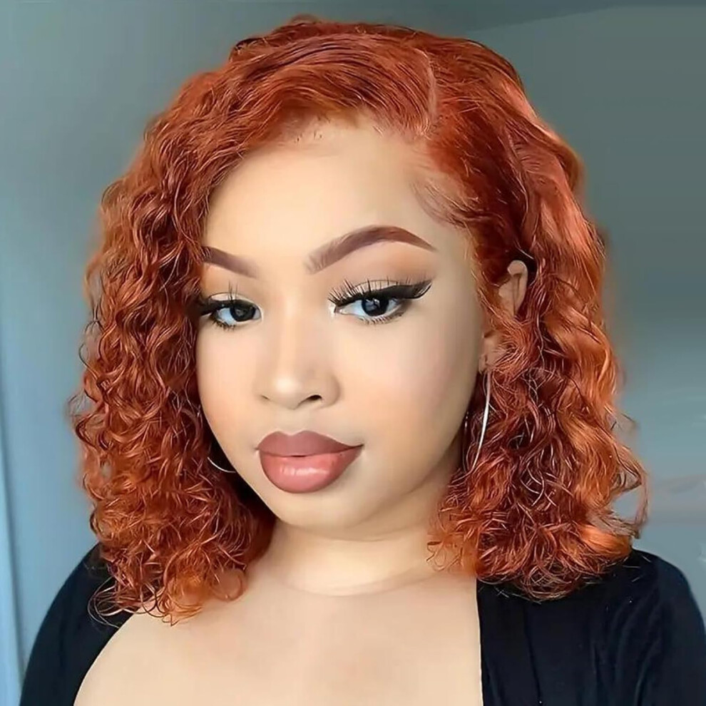Unisex Black Human Hair Wig Glueless Curly 4X4 Lace Closure Bob Pre Plucked 180 Density For Women Ginger 12 Inch