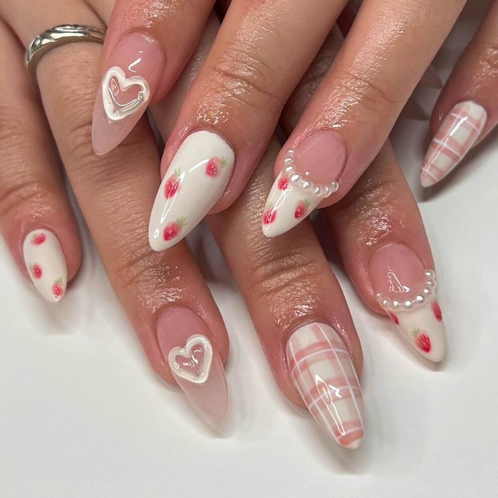 White French Tip Press On Nails Medium Almond Shape With Pearl Charm And Strawberry Design 24Pcs