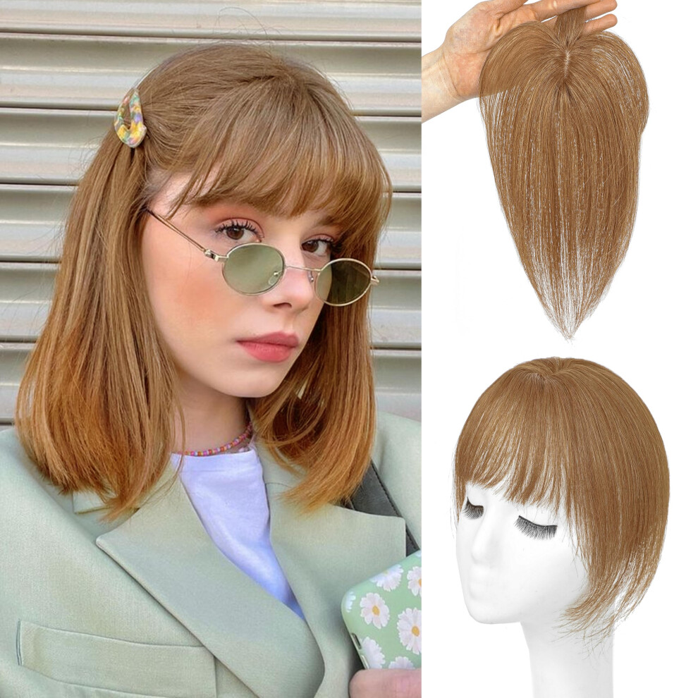 Unisex Brown Hair Topper With Bangs Real Human Hair Clip In For Thinning Hair 360 Seamless Blending 4X6 Light